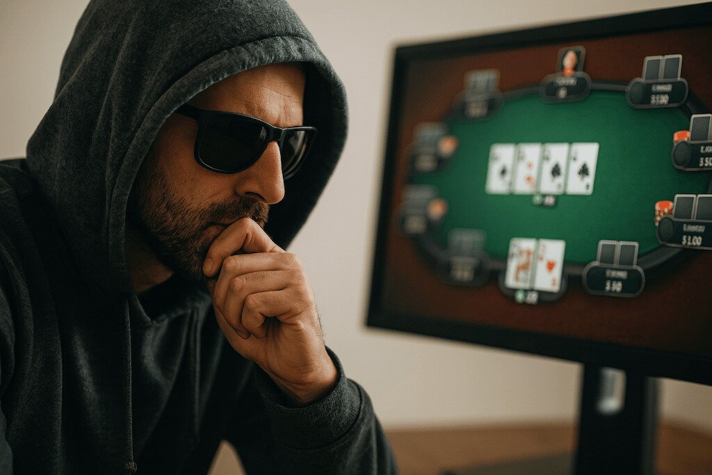 man in hoodie spotting bluffs playing online poker
