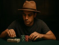 Man with a hat in a dark room putting chips on a stack of cash