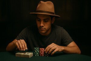 Man with a hat in a dark room putting chips on a stack of cash