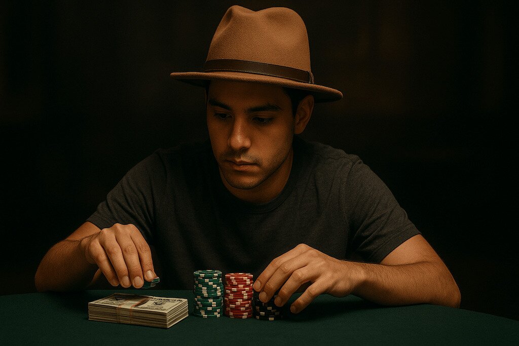 Man with a hat in a dark room putting chips on a stack of cash