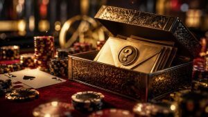 Ornate golden mystery bounty chest filled with sealed prize envelopes, surrounded by poker chips and playing cards on a red casino table.