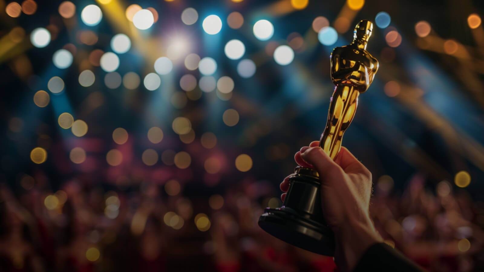 Close-up of a hand holding a gold Academy Award-style trophy against a blurred background of stage lights and a cheering audience.