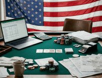 Poker table with chips, playing cards, tax forms, and a laptop displaying a spreadsheet, set against an American flag backdrop.