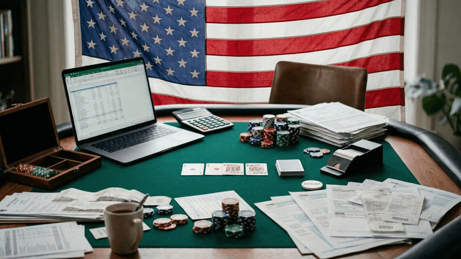 Poker table with chips, playing cards, tax forms, and a laptop displaying a spreadsheet, set against an American flag backdrop.
