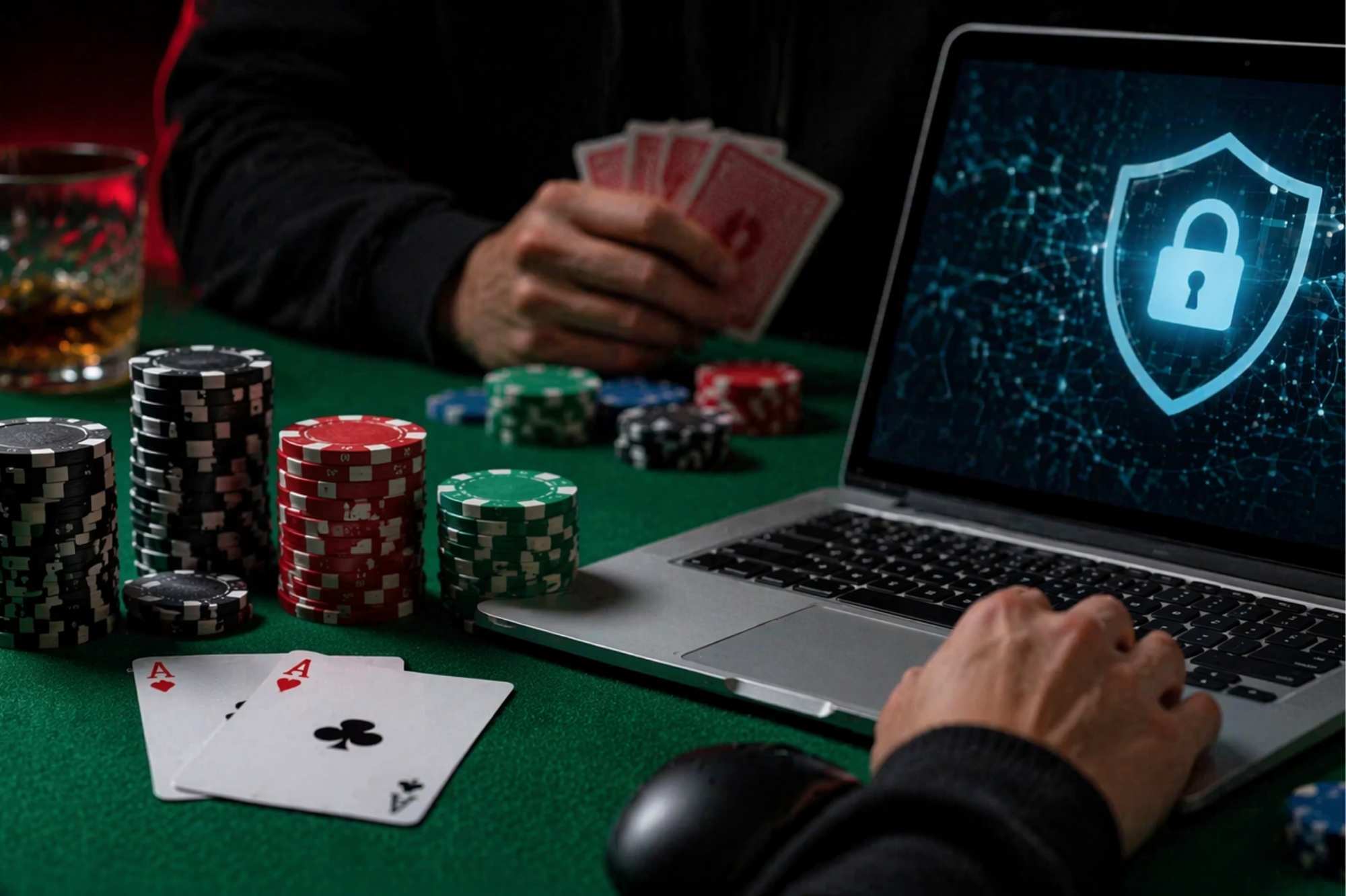 Online poker game on a laptop with security lock icon, poker chips, and playing cards on a table