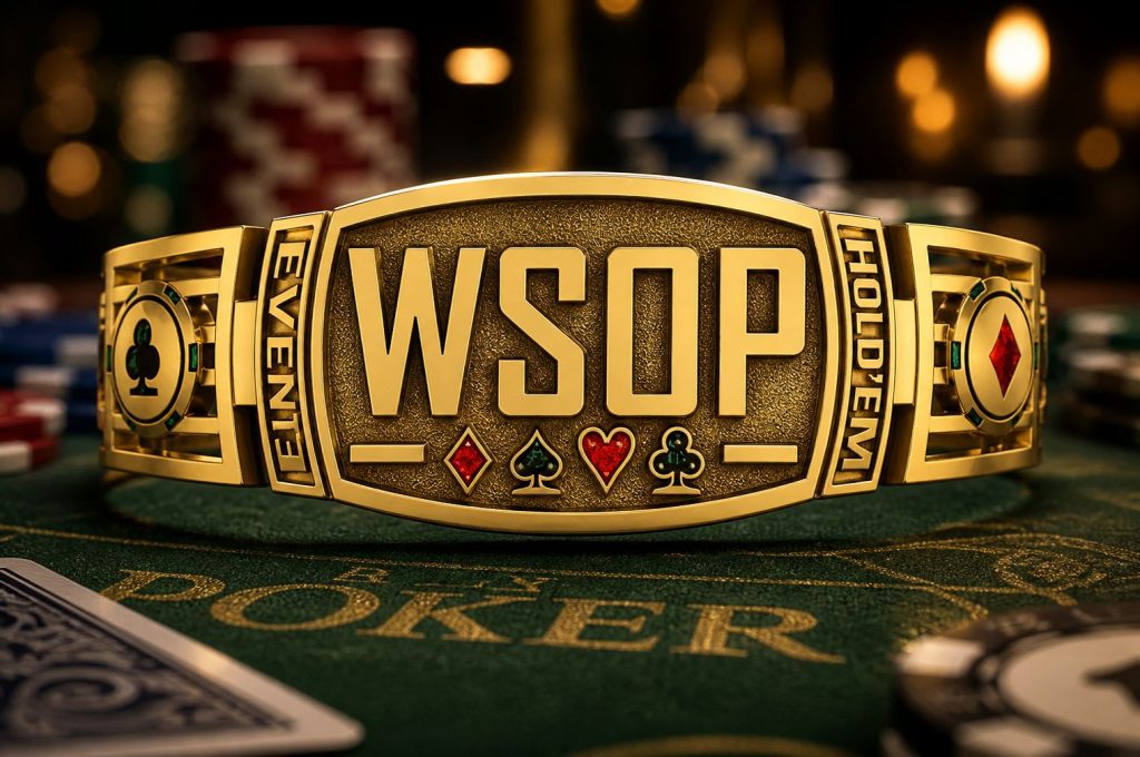 Gold WSOP bracelet with card suit symbols on a poker table, representing World Series of Poker championship prize