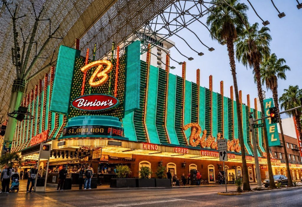 Binion’s casino exterior on Fremont Street in Las Vegas with bright neon lights, palm trees, and pedestrians under the canopy at dusk