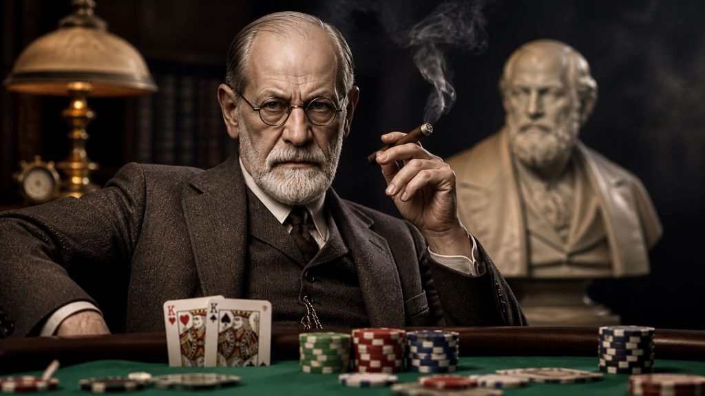 Cinematic image of a Freud-like figure seated at a poker table with chips and cards, smoking a cigar in a dimly lit, vintage study setting