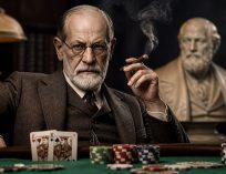 Cinematic image of a Freud-like figure seated at a poker table with chips and cards, smoking a cigar in a dimly lit, vintage study setting