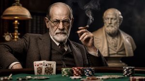 Cinematic image of a Freud-like figure seated at a poker table with chips and cards, smoking a cigar in a dimly lit, vintage study setting