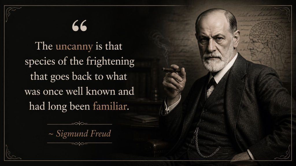 Moody vintage-style image of Sigmund Freud with a cigar in a dim study, featuring his quote about the uncanny displayed beside him