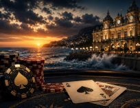 Poker chips and playing cards on a casino table overlooking a stormy ocean beside a Monte Carlo-style casino at sunset.