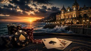 Poker chips and playing cards on a casino table overlooking a stormy ocean beside a Monte Carlo-style casino at sunset.