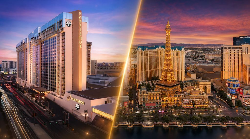 Split-view blog graphic showing Horseshoe Las Vegas on one side and Paris Las Vegas with the Eiffel Tower replica on the other at sunset, blended with a diagonal layered divide and subtle glow.
