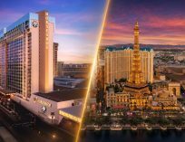 Split-view blog graphic showing Horseshoe Las Vegas on one side and Paris Las Vegas with the Eiffel Tower replica on the other at sunset, blended with a diagonal layered divide and subtle glow.