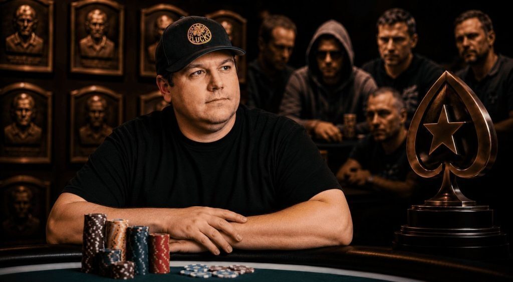 Poker player sitting at a table surrounded by championship bracelets and chips with a hall of fame backdrop in a dramatic casino setting.