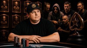 Poker player sitting at a table surrounded by championship bracelets and chips with a hall of fame backdrop in a dramatic casino setting.