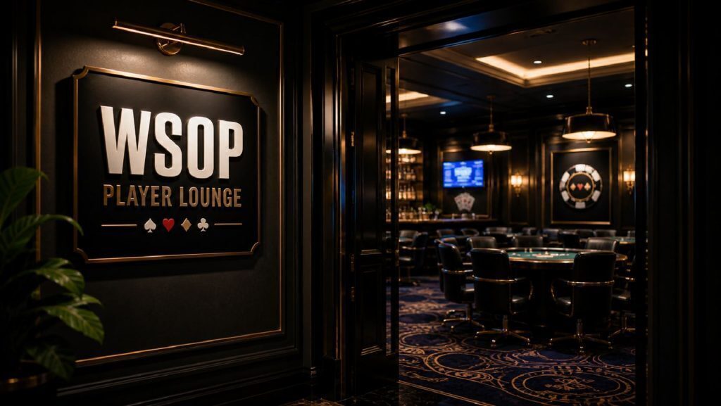 Entrance to a WSOP Player Lounge with a gold-accented wall sign, opening into a dimly lit poker room with tables, chairs, and upscale casino decor