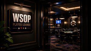 Entrance to a WSOP Player Lounge with a gold-accented wall sign, opening into a dimly lit poker room with tables, chairs, and upscale casino decor
