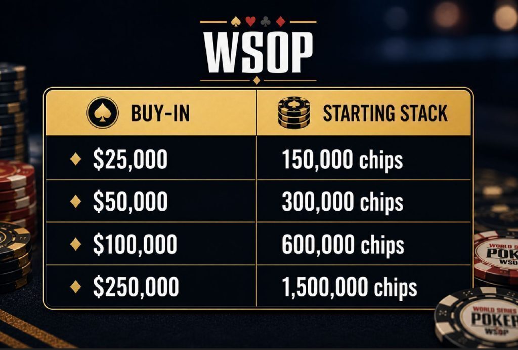 WSOP starting stacks chart showing buy-ins of $25K, $50K, $100K, and $250K with corresponding chip stacks of 150K, 300K, 600K, and 1.5 million chips 