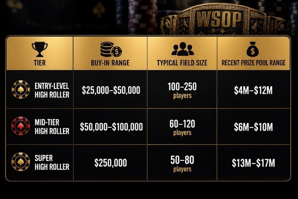 WSOP high roller tiers chart showing buy-in ranges, field sizes, and prize pool ranges for entry-level, mid-tier, and super high roller events
