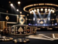 Gold poker championship bracelet centered on table with stacked chips and cards, dramatic casino backdrop with glowing spade symbol
