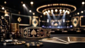 Gold poker championship bracelet centered on table with stacked chips and cards, dramatic casino backdrop with glowing spade symbol