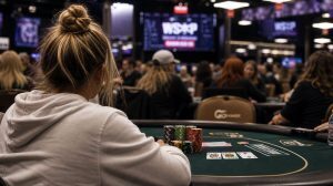 Female poker player in a hoodie seated at a tournament table with chips and cards in focus, surrounded by a busy WSOP-style poker room in the background