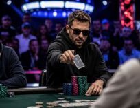 Cinematic poker tournament scene showing a player attempting a bold bluff during a high-stakes World Series of Poker style main event with stacks of chips, tense opponents, and dramatic casino lighting.