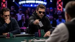 Cinematic poker tournament scene showing a player attempting a bold bluff during a high-stakes World Series of Poker style main event with stacks of chips, tense opponents, and dramatic casino lighting.