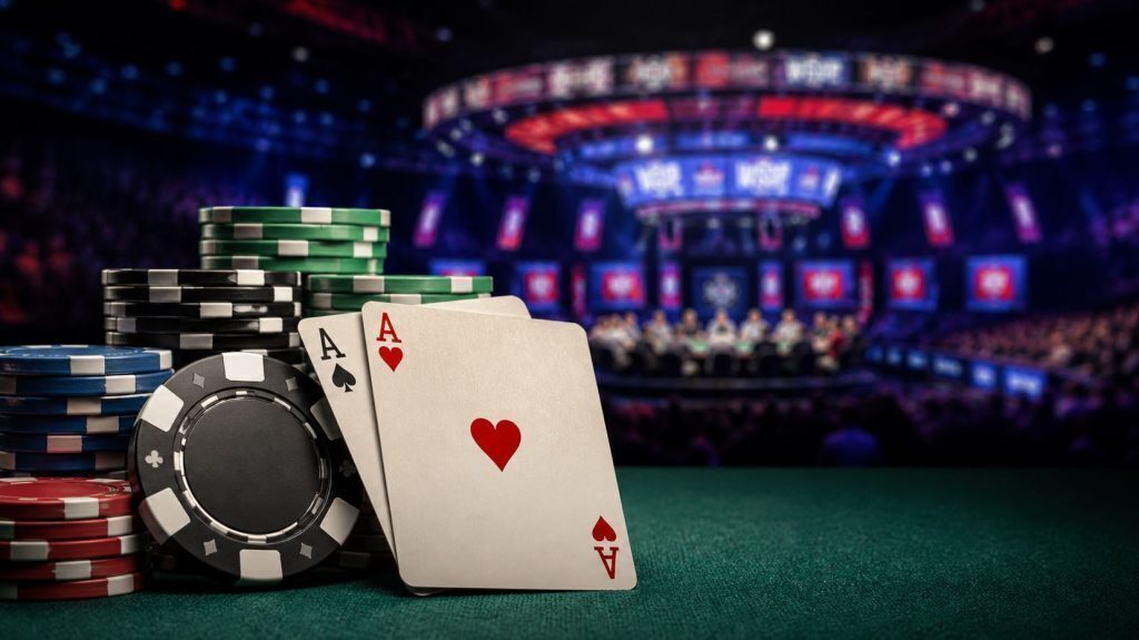 Stacked poker chips and pocket aces on a table with a blurred WSOP-style tournament stage in the background, representing Main Event betting odds and high-stakes play