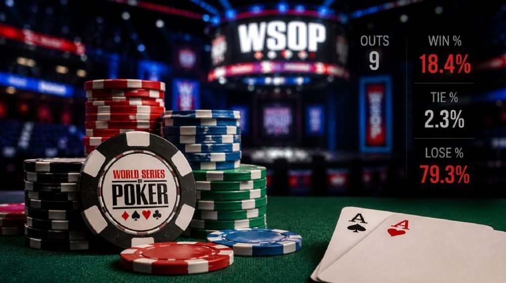 Poker chips and pocket aces on a table with a blurred WSOP tournament stage and on-screen odds percentages, illustrating win probability in high-stakes poker