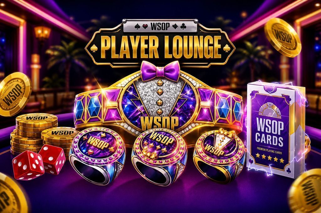 Colorful casino-themed WSOP Player Lounge banner featuring poker chips, rings, dice, and playing cards on a neon-lit Las Vegas style background