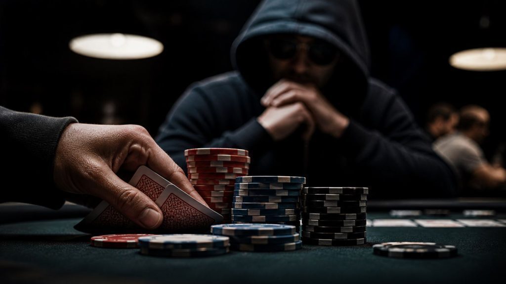 Close-up of a poker hand discreetly holding cards behind stacked chips at a dimly lit table, with a shadowy figure watching in the background, suggesting suspicious or unethical play.