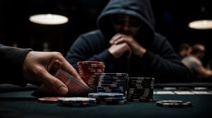 Close-up of a poker hand discreetly holding cards behind stacked chips at a dimly lit table, with a shadowy figure watching in the background, suggesting suspicious or unethical play.