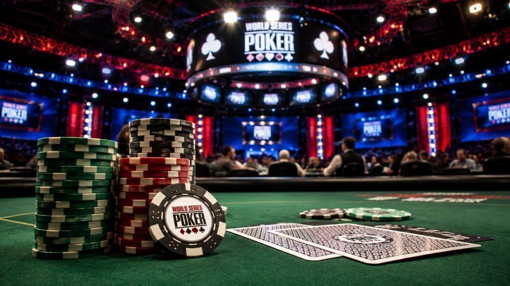 Wide cinematic view of a World Series of Poker tournament floor with poker chips, cards, and a green felt table in the foreground under bright arena lighting at a televised poker event.