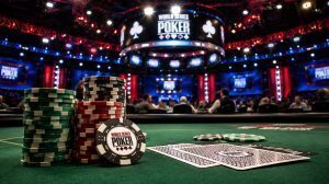 Wide cinematic view of a World Series of Poker tournament floor with poker chips, cards, and a green felt table in the foreground under bright arena lighting at a televised poker event.