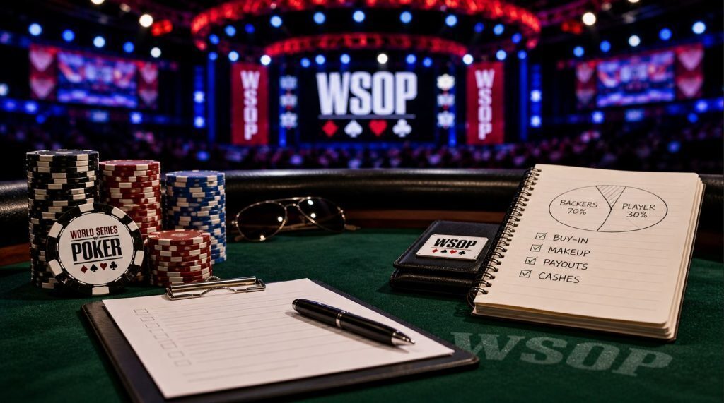 WSOP poker table setup with tournament chips, staking paperwork, payout notes, and a notebook showing backer percentages during a World Series of Poker event.