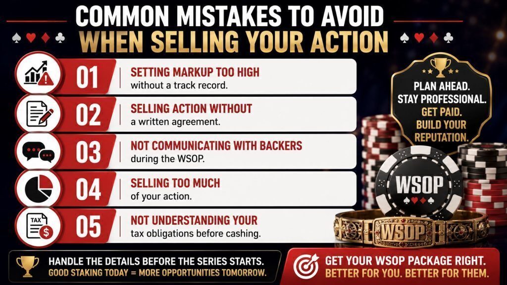 Poker-themed infographic showing common WSOP staking mistakes, including high markup, missing agreements, poor communication, overselling action, and tax issues, beside poker chips and WSOP-style graphics.
