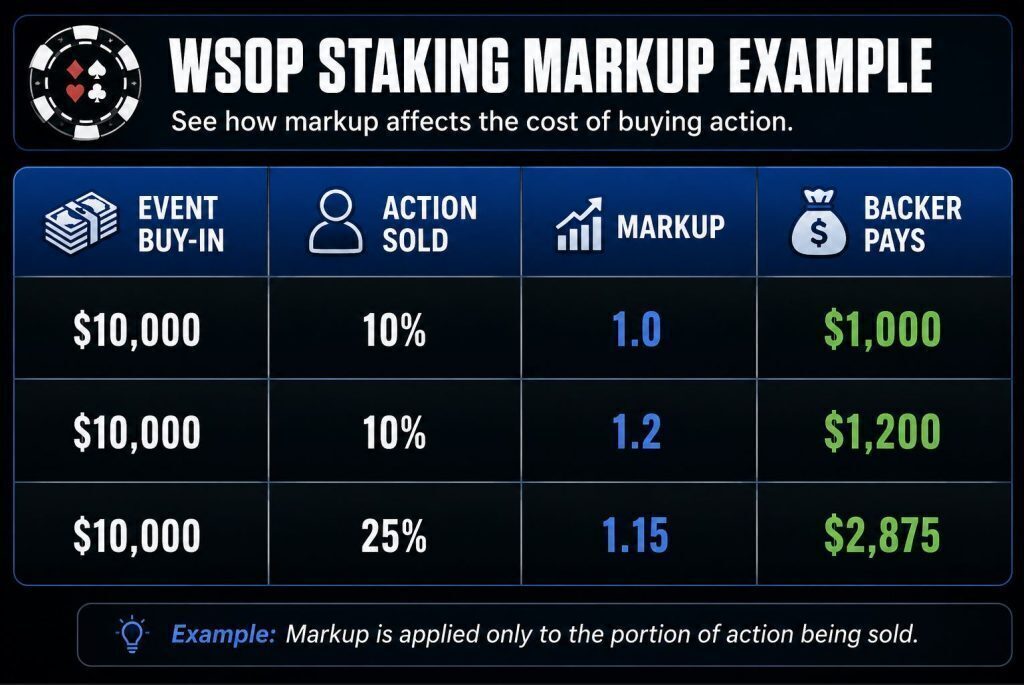 WSOP staking markup example table showing how buy-in size, percentage of action sold, and markup affect the final amount paid by poker backers.