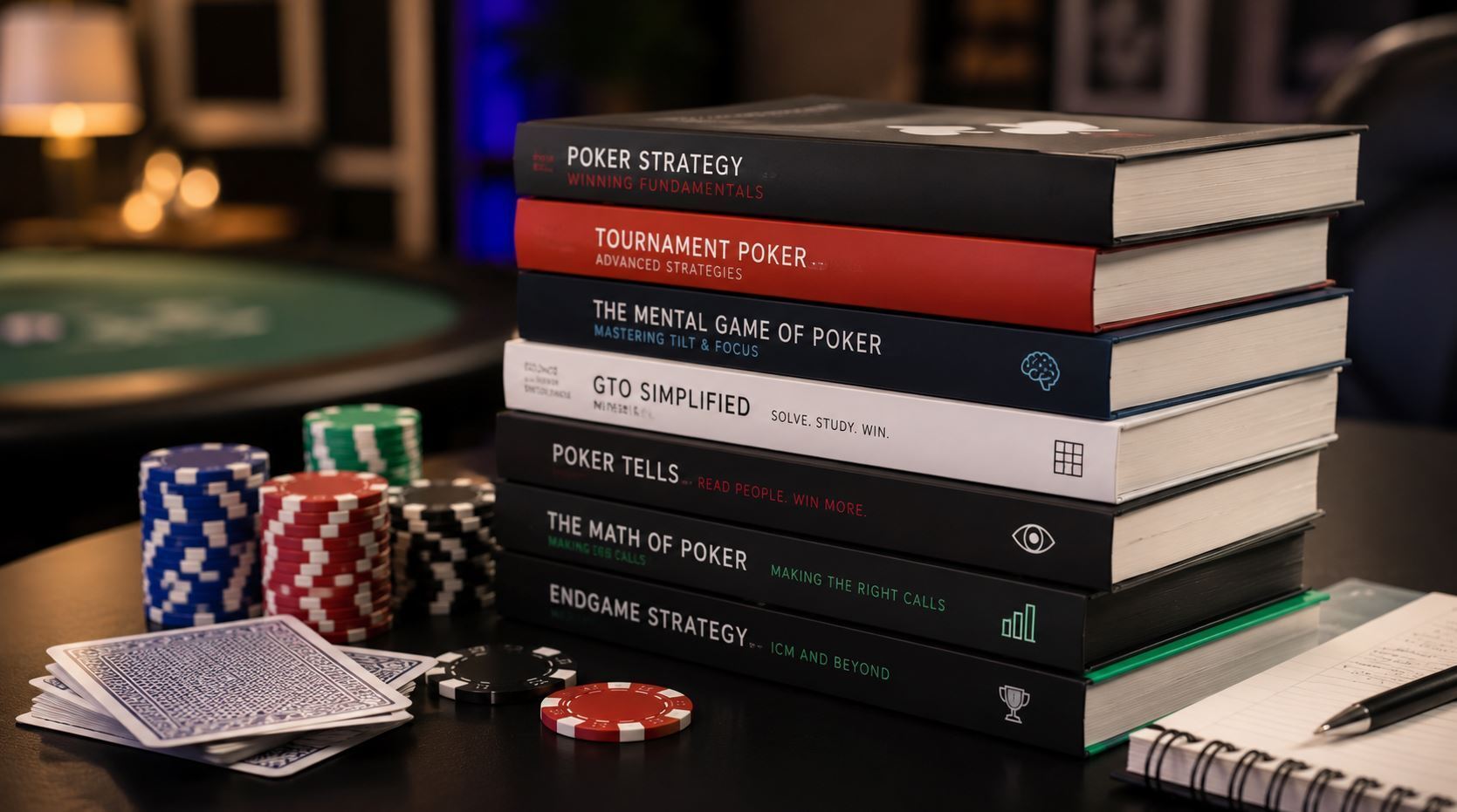 Modern poker study setup featuring poker strategy books, chips, playing cards, and a notebook on a desk, representing learning and improving poker skills.