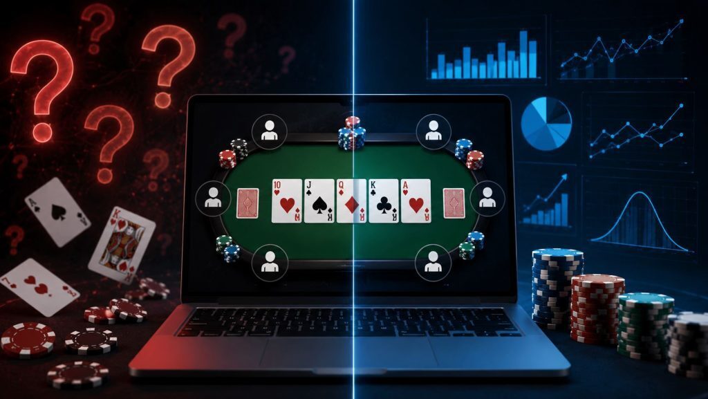 Online poker table with playing cards, poker chips, and statistical graphs illustrating the difference between poker myths, randomness, and real poker statistics.