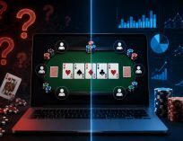Online poker table with playing cards, poker chips, and statistical graphs illustrating the difference between poker myths, randomness, and real poker statistics.