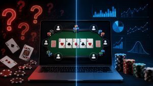 Online poker table with playing cards, poker chips, and statistical graphs illustrating the difference between poker myths, randomness, and real poker statistics.