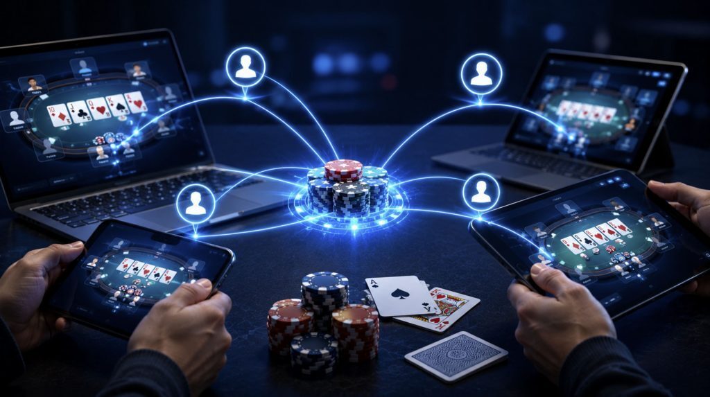 Players using laptops, tablets, and smartphones connected to a shared online poker network with poker chips and cards representing interstate player liquidity in the United States.