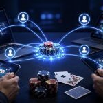 Players using laptops, tablets, and smartphones connected to a shared online poker network with poker chips and cards representing interstate player liquidity in the United States.