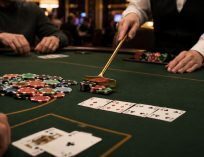 Dealer using a rake to remove poker chips from a pot at a live casino poker table with community cards and players seated around the game.