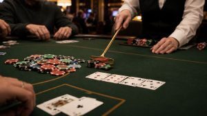 Dealer using a rake to remove poker chips from a pot at a live casino poker table with community cards and players seated around the game.