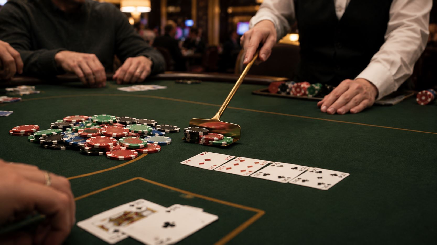 Dealer using a rake to remove poker chips from a pot at a live casino poker table with community cards and players seated around the game.