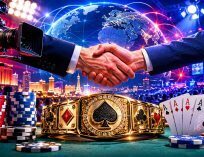 Poker chips and a WSOP-style championship bracelet displayed in a professional broadcast studio with television cameras, stage lighting, and a global network backdrop representing worldwide poker coverage.
